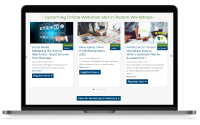 Laptop showing selection of business workshops